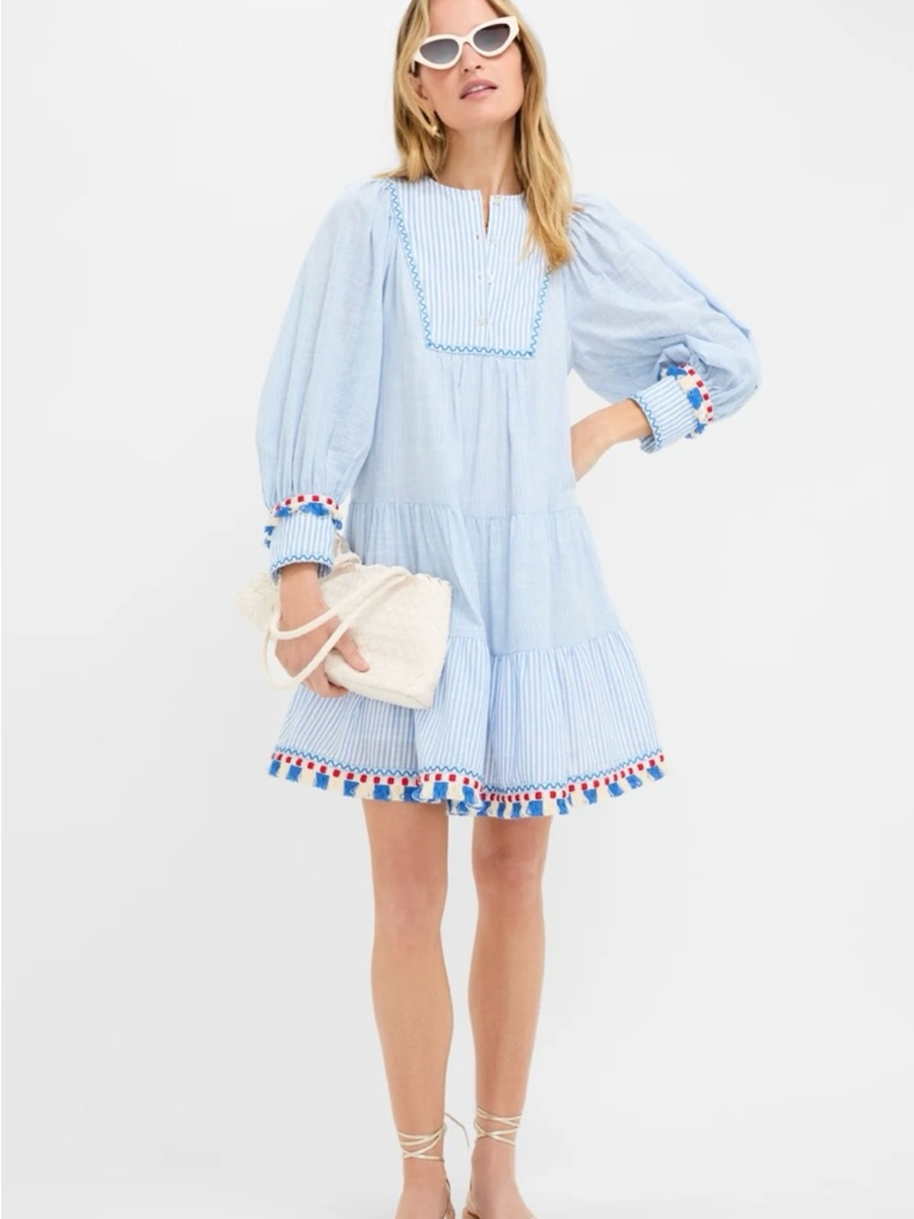 Tuckernuck Jen Dress XL NWT Chambray Blue Stripe Fringe Tassel Cotton Tiered - Picture 2 of 16